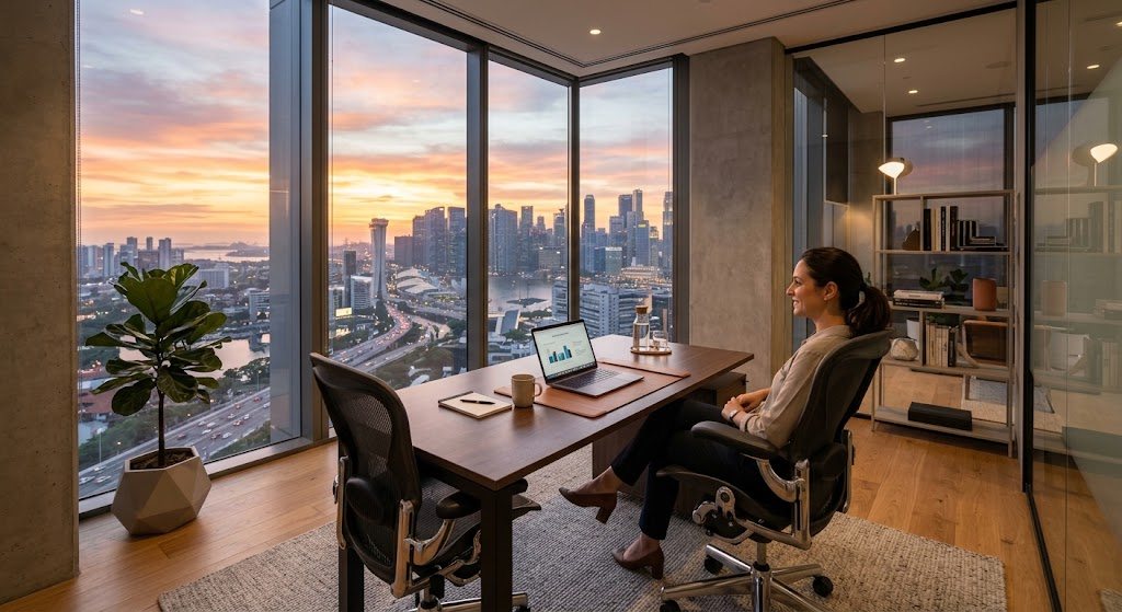 A professional working at a desk in a high-rise office overlooking a city at sunset